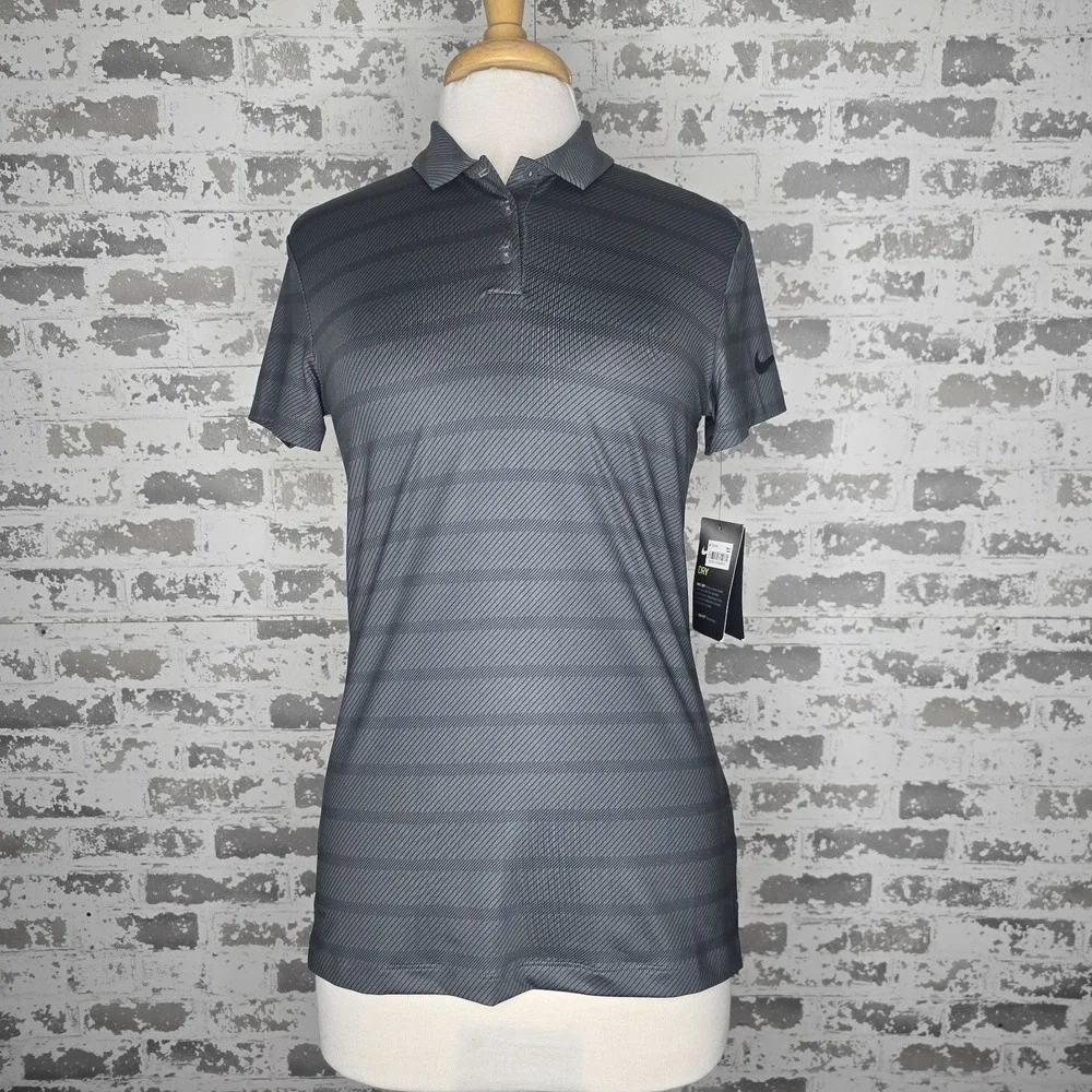 NWT Nike Golf Polo Shirt Womens Size Small‎ Gray Striped Dri-Fit Stretch Swoosh